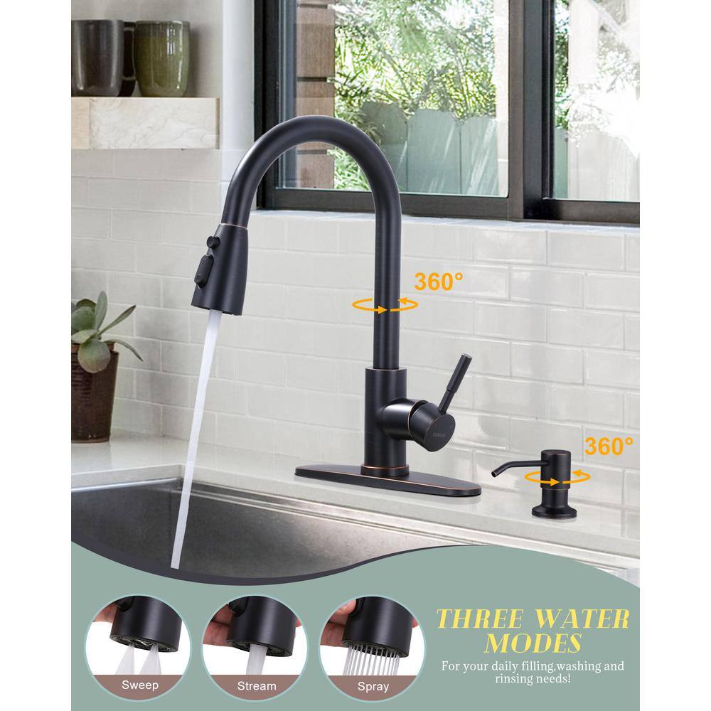 Oil-Rubbed Bronze High Arc Kitchen Faucet with Pull-out Spray and Soap Dispenser