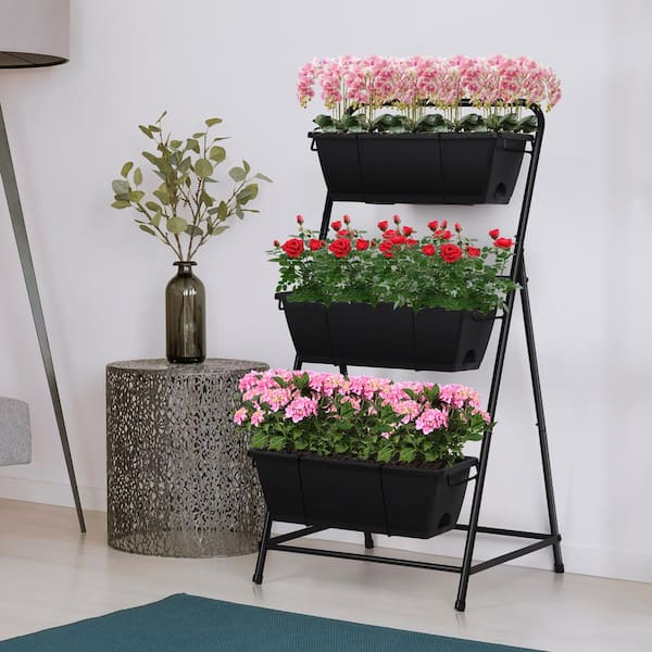 Oumilen 3-Tier Vertical Planter Elevated Herb Planter with Drainage Holes Removable Tray for Patio Balcony Porch Plastic Black