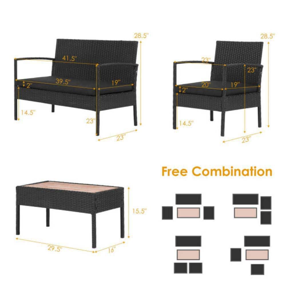 Black 4-Piece Rattan Patio Furniture Set with Acacia Wood Tabletop