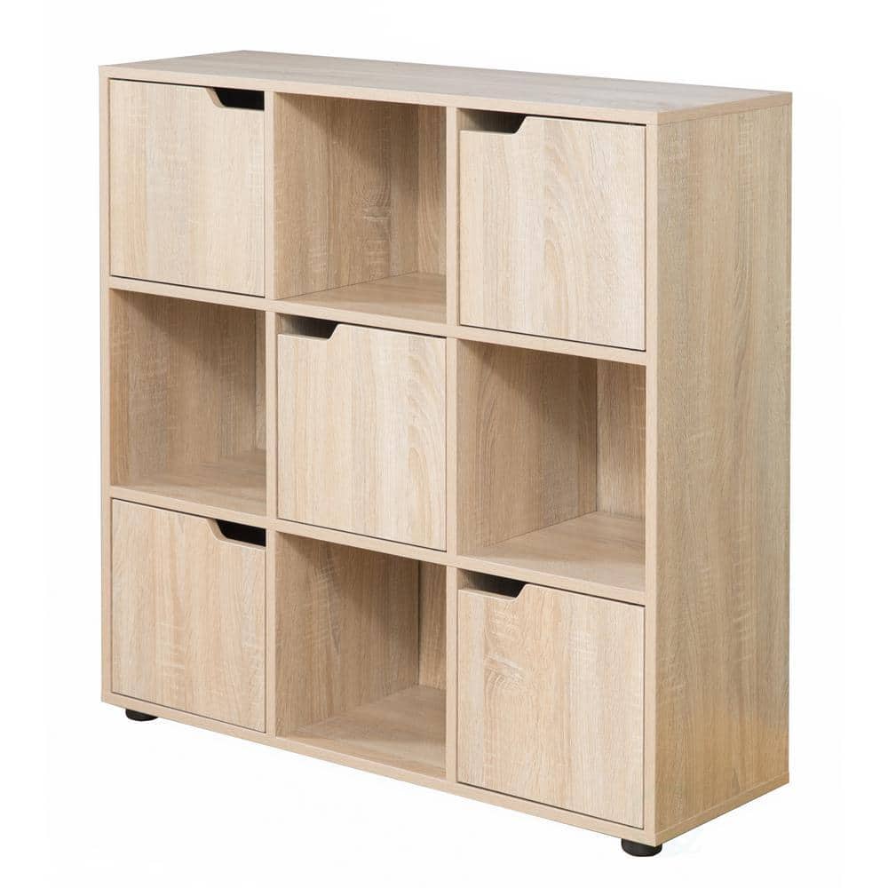 Basicwise 9-Cube Oak Wooden Organizer With 5-Enclosed Doors and 4