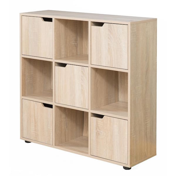 9-Cube Oak Wooden Organizer With 5-Enclosed Doors and 4-Shelves