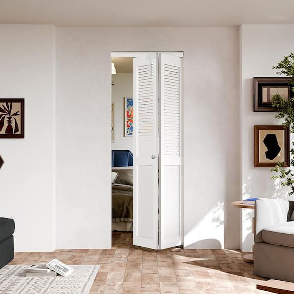30 in. x 80 in. Half-Panel Louver Solid Core White PVC Covering MDF Wood Bi-fold Door with Locks, Handles