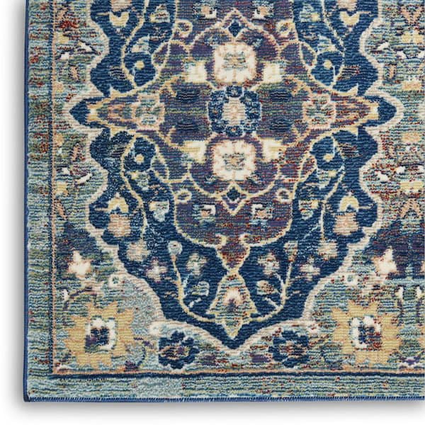 4' X 6' Ivory Navy Blue and Yellow Floral Distressed Non Skid Area Rug