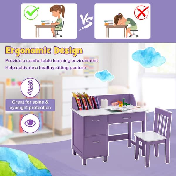 Costway 2-Piece Kids Wood Top Purple Study Desk and Chair Writing