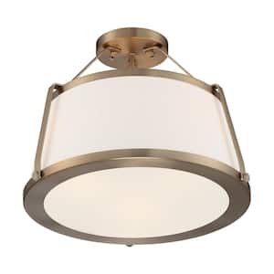Cutty 15.5 in. 3-Light Burnished Brass Transitional Semi-Flush Mount with White Fabric Shade and No Bulbs Included