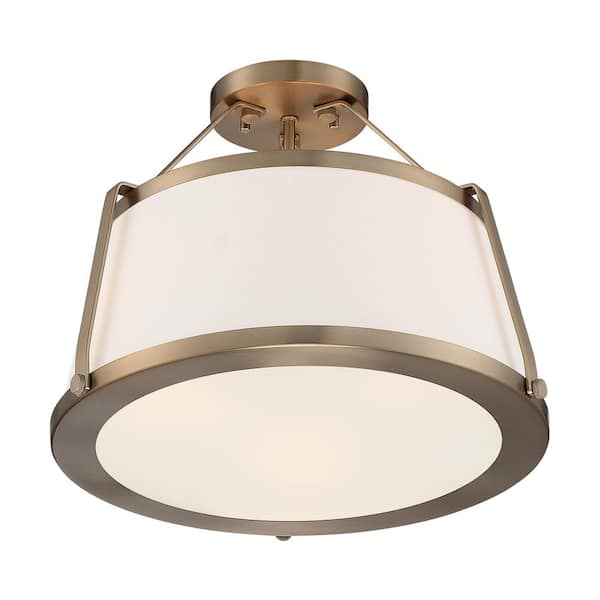 SATCO Cutty 15.5 in. 3-Light Burnished Brass Transitional Semi-Flush Mount with White Fabric Shade and No Bulbs Included