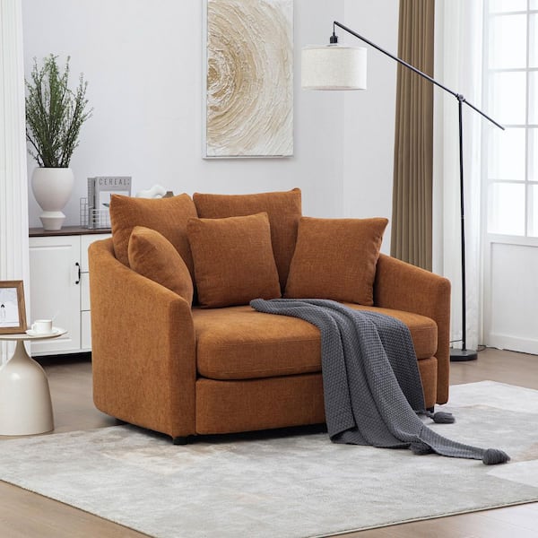 Maya Orange Chenille Upholstered Curved Chaise Lounge with Pillows Deep Seat Barrel Accent Chair