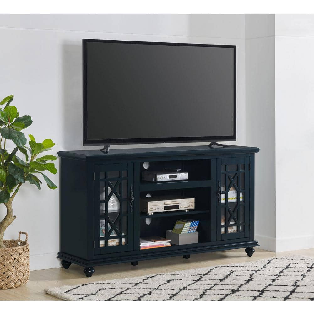 Catalina Blue Transitional 63" TV Stand with Trellis Glass Doors
