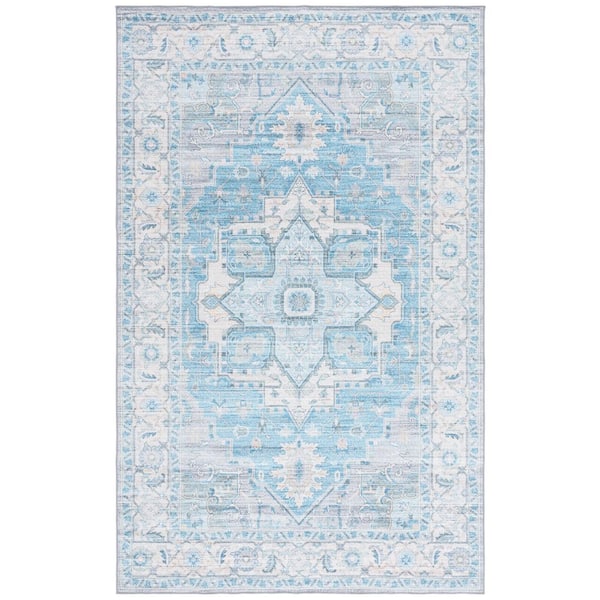 Arizona 4 ft. x 6 ft. Gray/Turquoise Machine Washable Distressed Border Ornate Area Rug