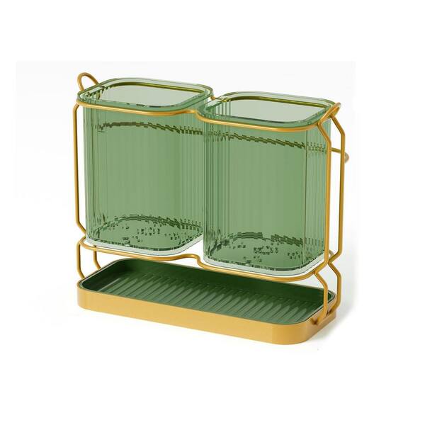 Green ABS Kitchen Utensil Holder Wall Mount with Drain Tray Multi-Function Organizer for Silverware and Spatula