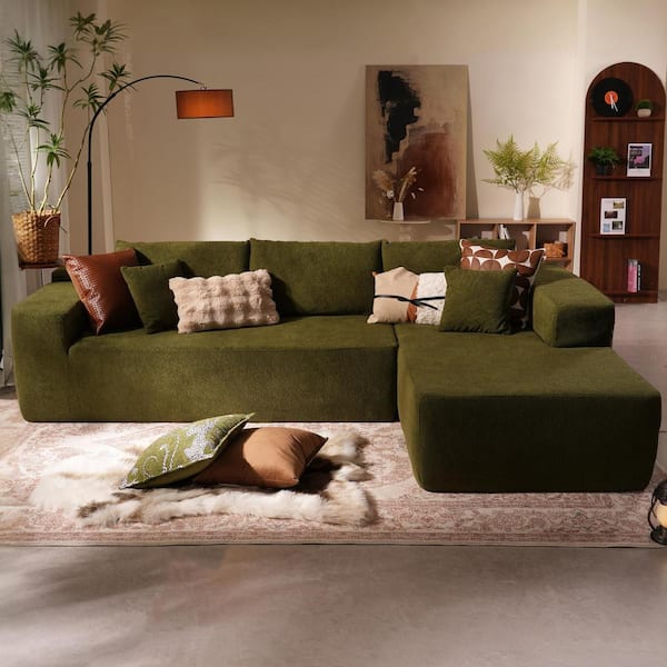Allwex Verve 106 in. Wide Square Arm 2-Piece Modern Wool Fabric L-Shape Modular Sectional Sofa in Green with Right Chaise