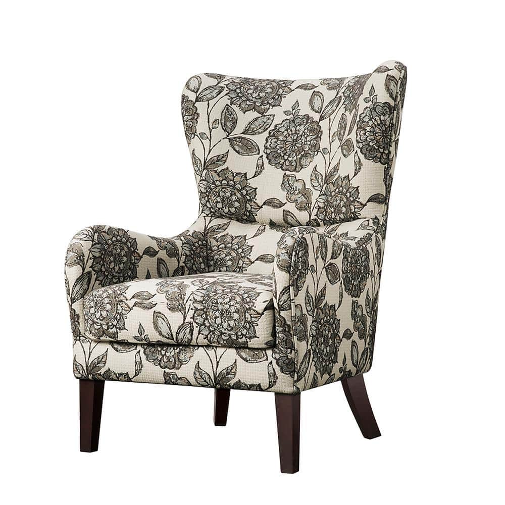 Gray and Brown Birch Wood Floral Accent Chair