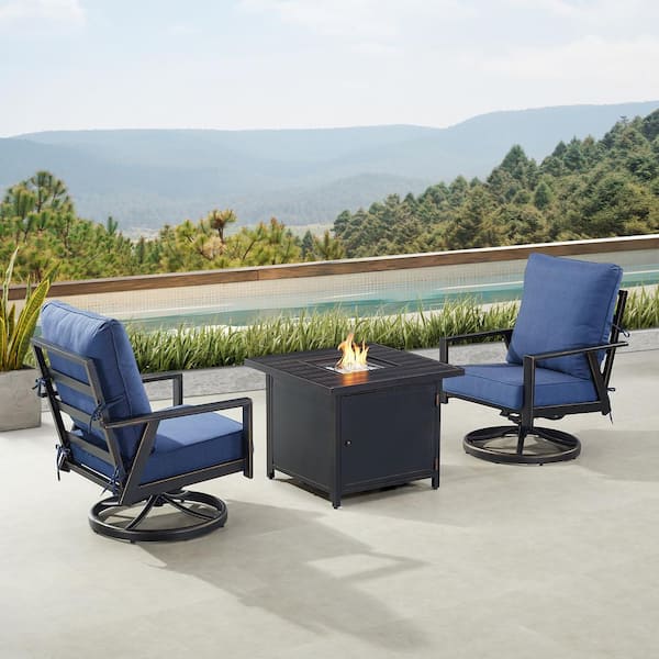 Oakland Living Black 3-Piece Aluminum Patio Fire Pit Set with 2-Club Chairs Blue Cushions