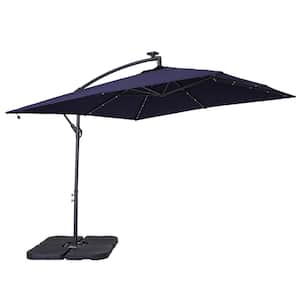 8.2 ft. Dark Blue Steel Solar LED Square Banana Umbrella Cantilever Umbrella with Base