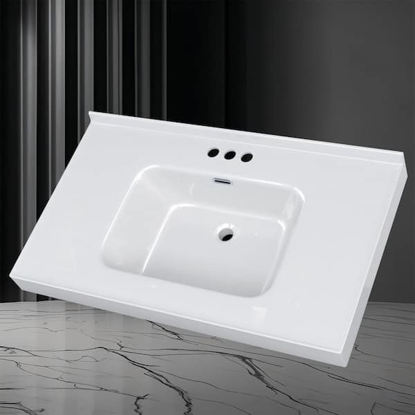 37 in. W x 22 in. D Solid Surface White Vanity Top Rectangular Single Sink Bathroom Vanity Top in White with Overflow