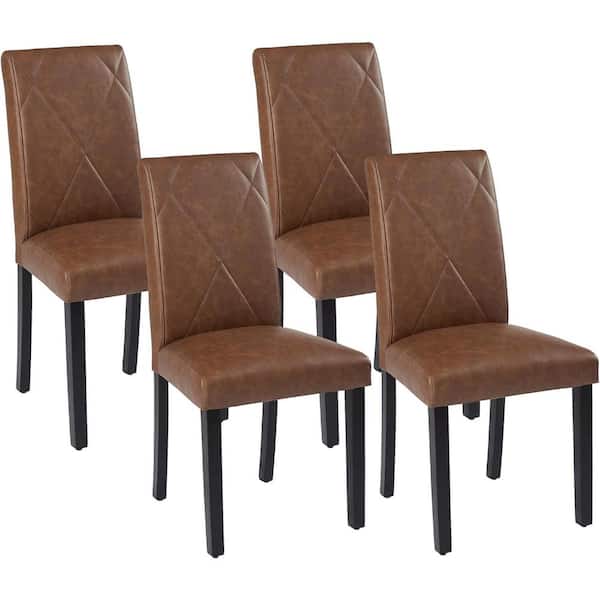 VECELO Dining Chairs Set of 4 Brown Modern PU Leather and High Back Solid Wood Legs, Upholstered Kitchen Chairs for Dining Room
