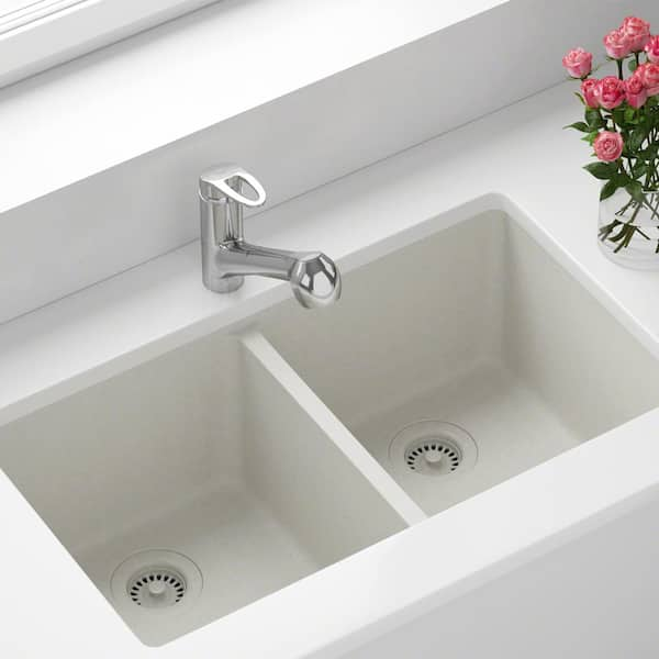 MR Direct White Quartz Granite 33 in. Double Bowl Undermount Kitchen Sink with Matching Strainer and Flange