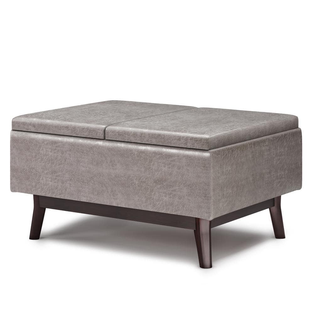 Owen Mid Century Modern Distressed Grey Storage Ottoman with Tray Top