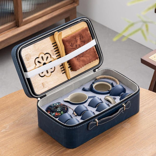 JFVKAF 14-Piece Ceramic Travel Tea Set with Bamboo Tray and