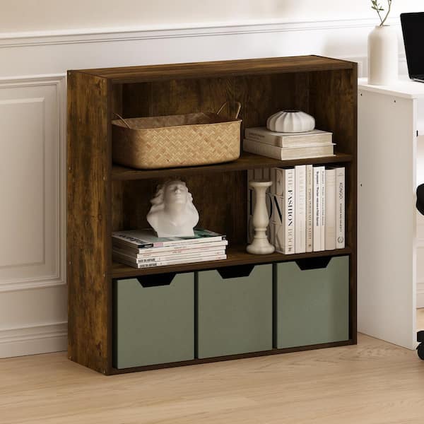 Furinno Pasir 31.5 in. Tall Amber Pine Wood 3-Shelf Wide Bookcase