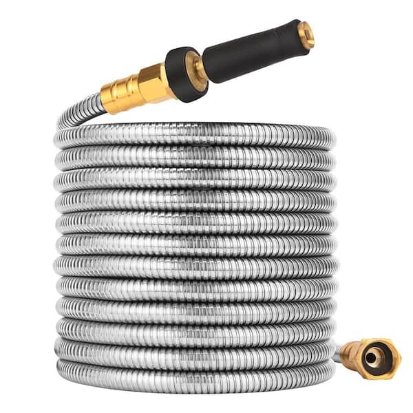Misopily Stainless Steel Garden Hose [3/8 x 125ft] Heavy-Duty No-Kink Water Hose with 10-Function Nozzle, Rust Proof, Flexible