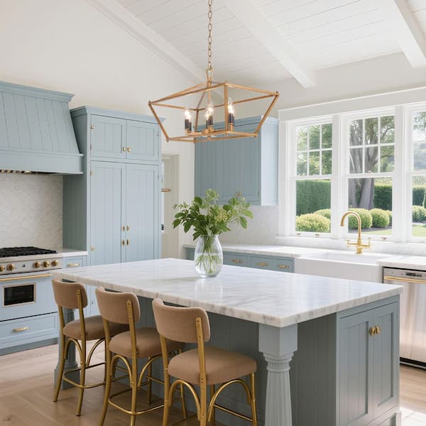 Modern Chandelier 6-Light Vintage Gold Geometric Cage Chandelier with Black Candlestick for Kitchen, Living Room