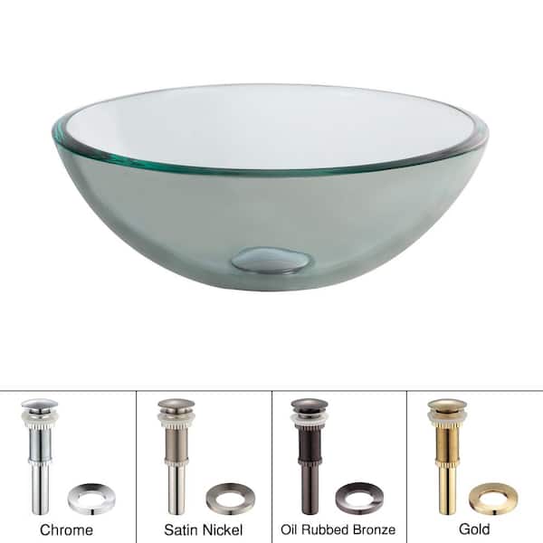 KRAUS Single-Tone 14 in. Round Vessel Bathroom Sink in Clear Glass with Pop-Up Drain and Mounting Ring in Chrome