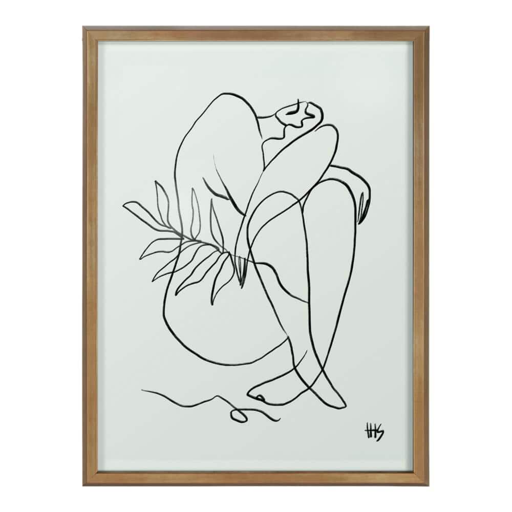 Modern Black Line Drawing on White Canvas with Brown Frame