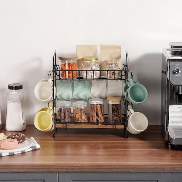 2-Tier Coffee Bar Organizer for Countertop with 12 Movable Hooks Mug Hook, Black