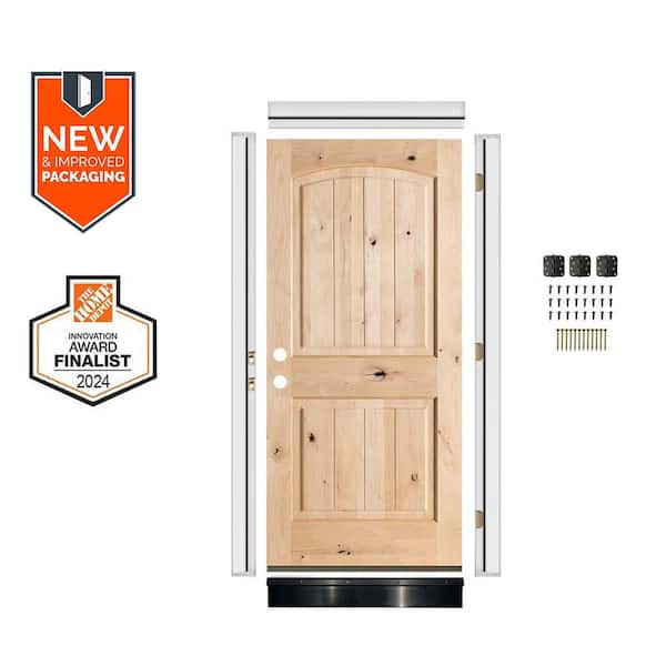 36in.x80in. KnottyAlder 2-Panel RH Arch Top VG Unfinished Wood AssemblyRequired Front Door Kit w/QuickAssembleJamb