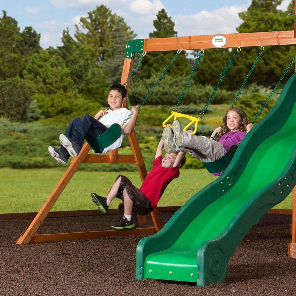 Shenandoah Cedar Wood Swing Set with Green Slide and Playhouse