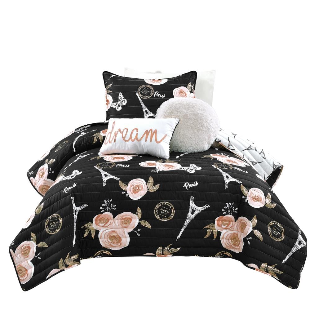 4-Piece Black Twin/Twin XL Polyester Vintage Paris Rose Butterfly Script Qu