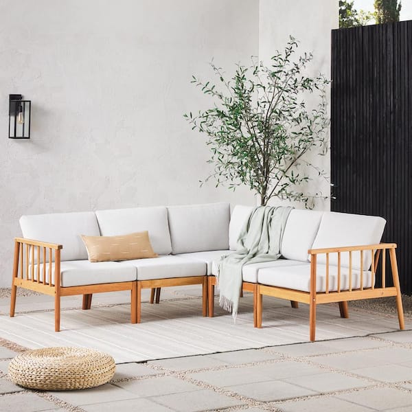 Walker Edison Furniture Company Natural 5-Piece Eucalyptus Wood Outdoor Modern Spindle Patio Sectional Seating Set with Light Pewter Cushions