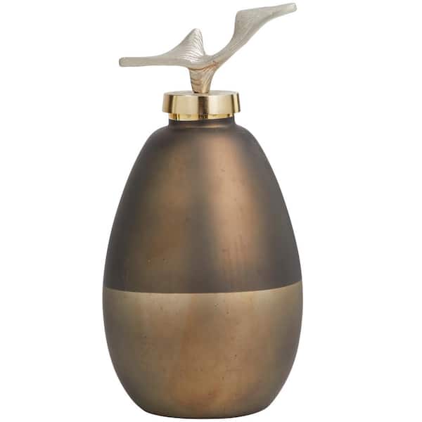 Litton Lane Bronze Glass Abstract Colorblock Decorative Jars with Gold Accents and Silver Wave Designed Top