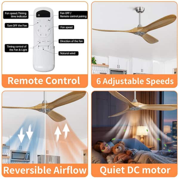 60-Inch Ceiling Fan without Light, Solid Wood Blades, 6-Speed Reversible DC Motor, Standard Downrod Mount