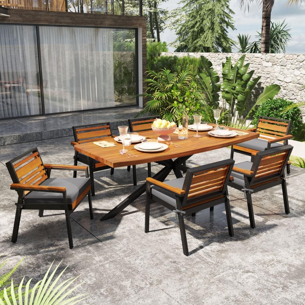 7-Piece Wood and Metal Outdoor Dining Set with Gray Cushions price history on PriceWatchPro