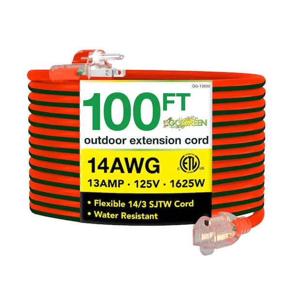 100 ft. 14/3 SJTW Outdoor Extension Cord, Orange with Lighted Green End