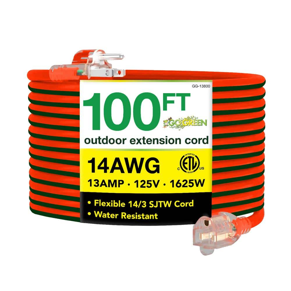 GoGreen Power 100 ft. 14/3 SJTW Outdoor Extension Cord, Orange with Lighted Green End