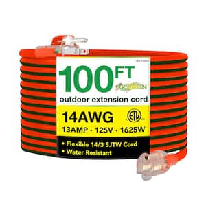 100 ft. 14/3 SJTW Outdoor Extension Cord, Orange with Lighted Green End