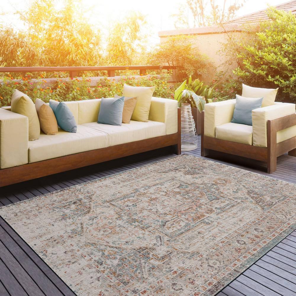 Faded Turkish Beige and Cream Synthetic Area Rug, 5' x 7'
