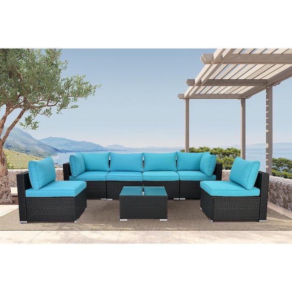 Afoxsos Black 7-Piece Wicker Outdoor Patio Sectional Set with Blue Cushions