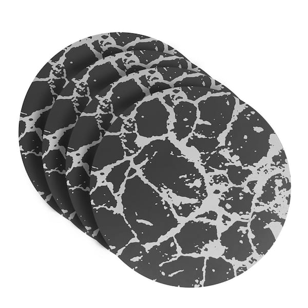 Dainty Home 15 in. x 15 in. Black/Silver Marble Cork Foil Printed Marble Granite Design Thick Cork Textured Round Placemat(Set of 4)