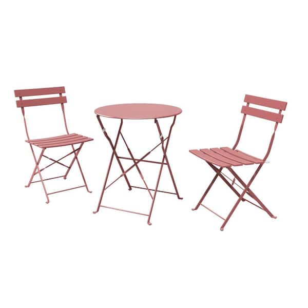 Unbranded 3-Piece Metal Outdoor Bistro Set of Foldable Patio Table and 2 Chairs for Garden Balcony Veranda and Terrace in Pink