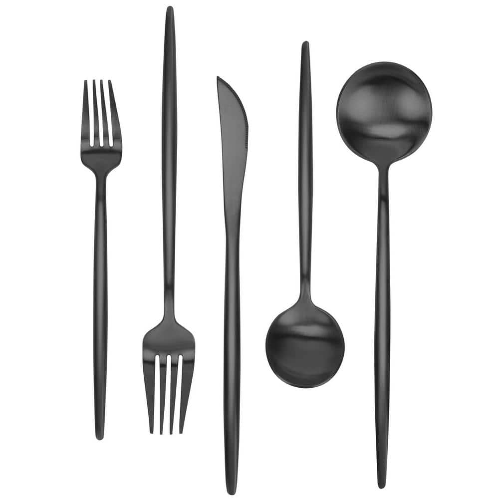 30-Piece Stainless Steel Flatware Serving Set-Matte Black Service for 6, Sa
