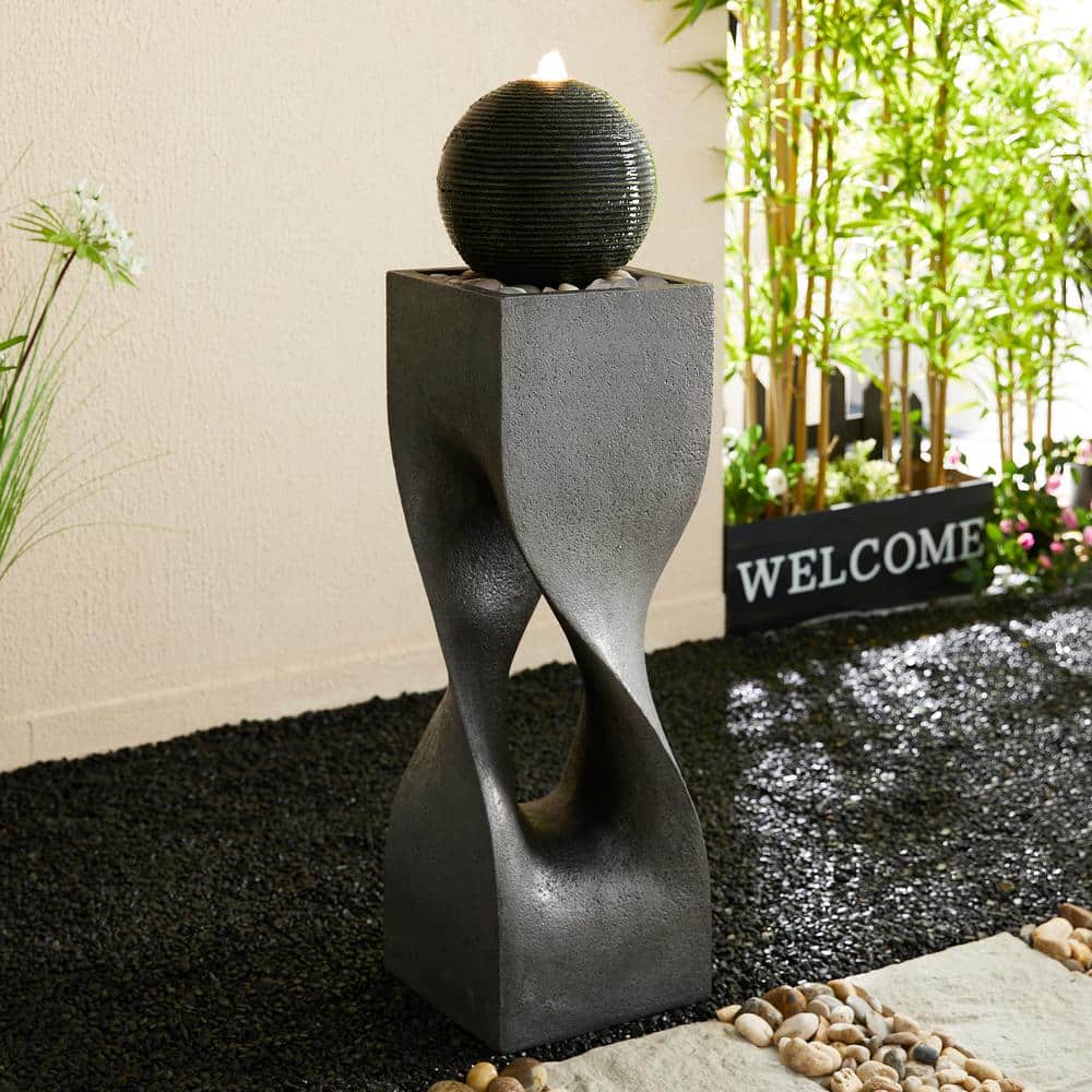 Modern Gray Polyresin Pedestal Fountain with LED Light