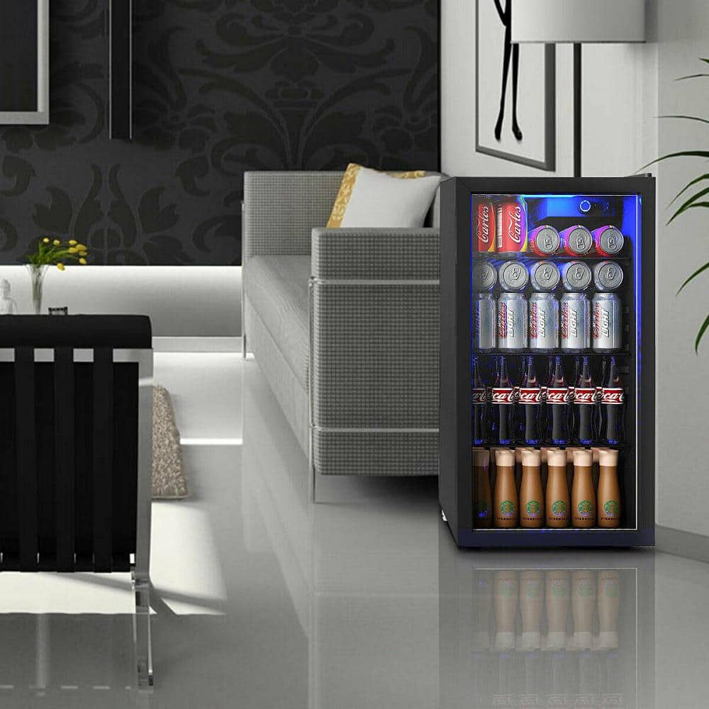 Compact Black 120-Can Beverage Refrigerator with Glass Door