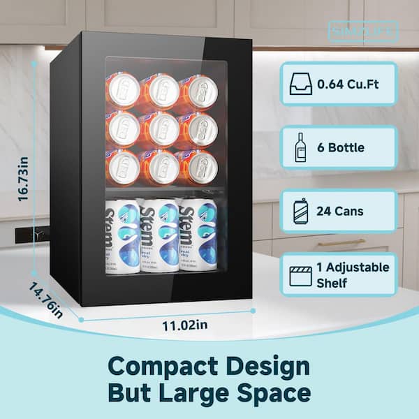 15 in. Single Zone 6-Wine Bottles and 24-Cans Beverage and Wine Cooler in Black with Rapid Cooling and Low Noise
