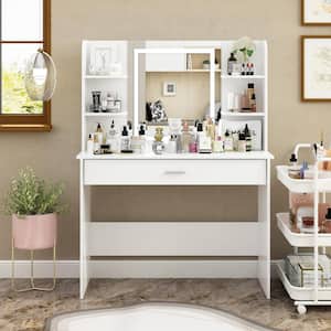 White Wood LED Color Change Mirror Makeup Vanity Sets Dressing Table Sets with Drawer and Storage Shelves