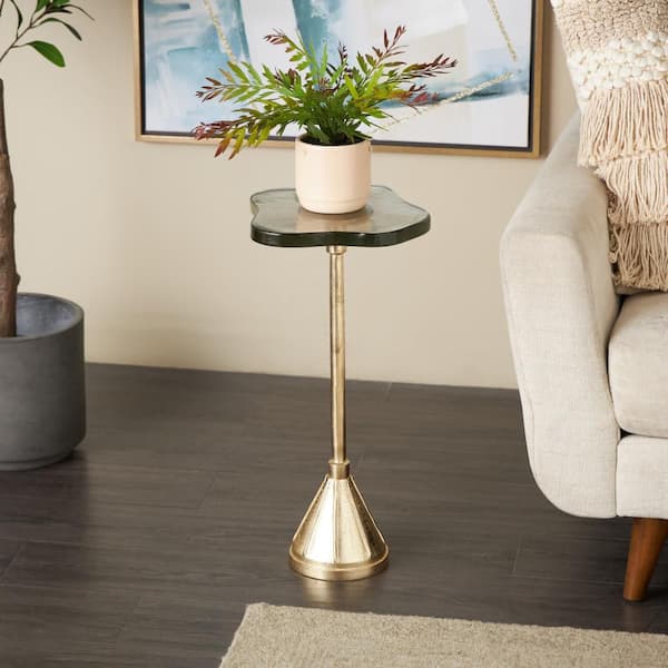 10 in. Gold Pedestal Round Glass End Table with Textured Glass Tabletop
