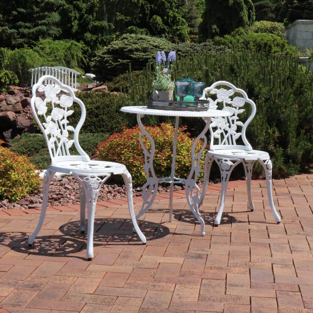 White Cast Aluminum Floral Bistro Set with Iron Legs